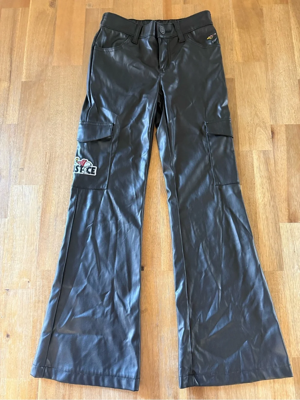 Snoopy & Woodstock Girls Justice Black Pleather Cargo Pants Size M (10)